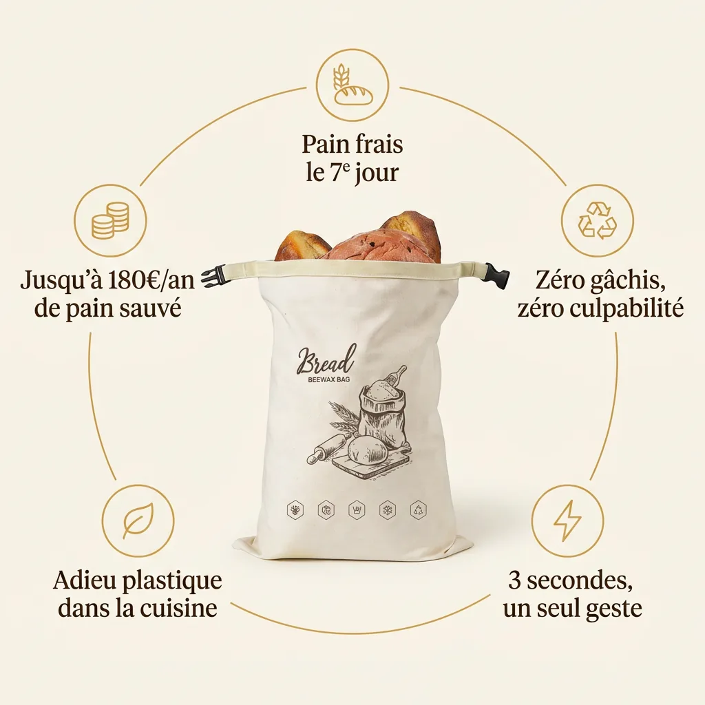 Pas un sac. Une semaine de tranquillité. — Ton pain frais le 7ᵉ jour. · Zéro gâchis, zéro culpabilité. · 3 secondes, geste unique. · Adieu plastique dans ta cuisine. · Jusqu'à 180€/an de pain sauvé.