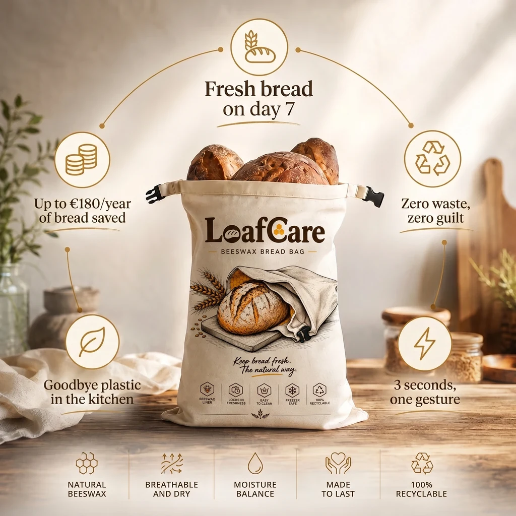 Never throw away your bread again. — Your bread still good for 5 to 7 days. · No more plastic touching your bread. · No more loaves thrown out mid-week. · The bread you save pays for the bag. · One simple gesture, three seconds.