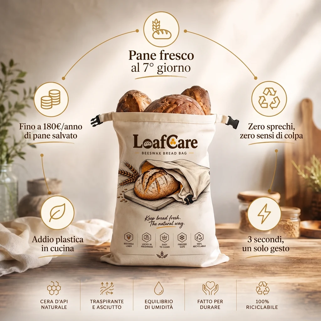 Non butti mai più il suo pane. — Il suo pane buono per 5-7 giorni. · Niente più plastica a contatto con il pane. · Basta pane buttato a metà settimana. · Il pane che salva ripaga il sacchetto. · Un gesto semplice, tre secondi.