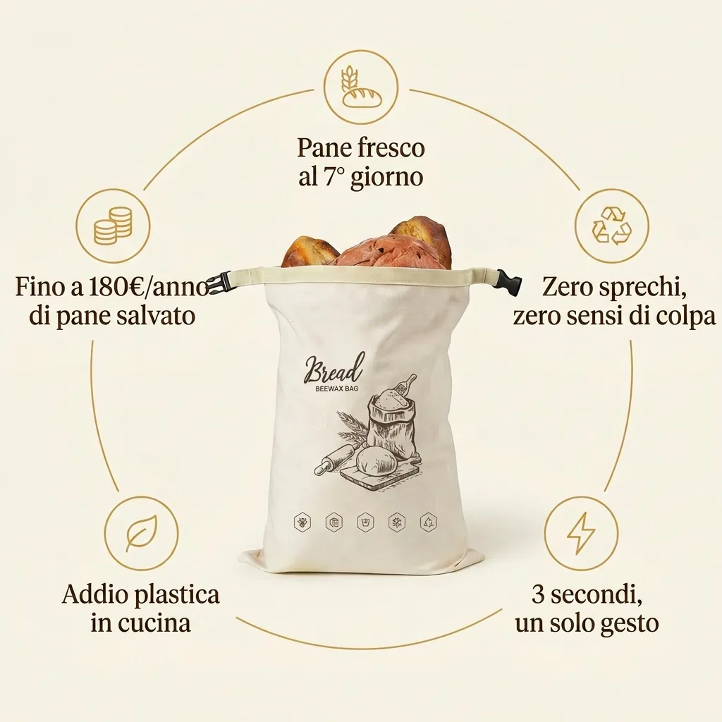 Non un sacchetto. Una settimana di tranquillità. — Il tuo pane fresco al 7° giorno. · Zero sprechi, zero sensi di colpa. · 3 secondi, un solo gesto. · Addio plastica in cucina. · Fino a 180€/anno di pane salvato.