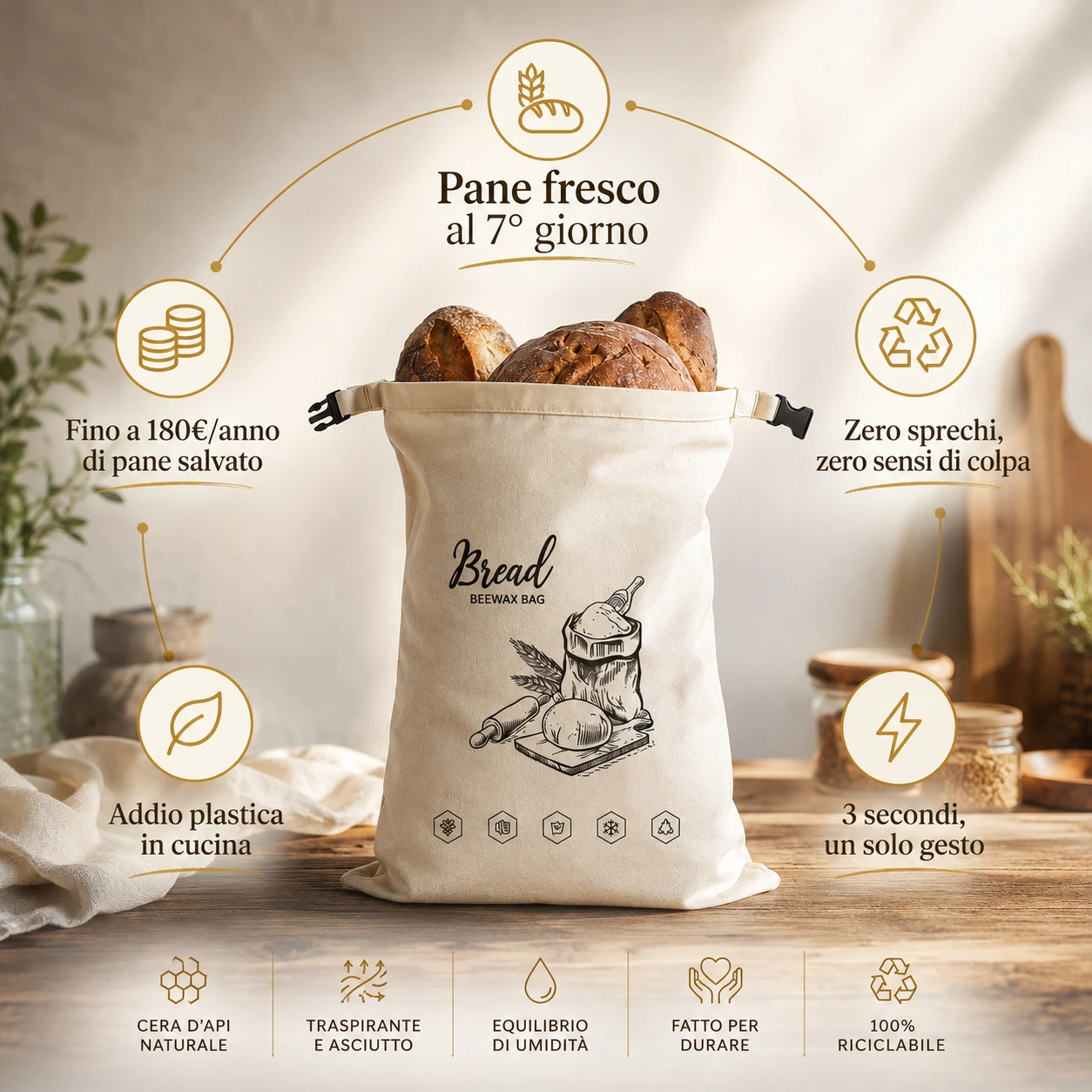 Non buttare mai più il tuo pane. — Il tuo pane fresco al 7° giorno. · Zero sprechi, zero sensi di colpa. · 3 secondi, un solo gesto. · Addio plastica in cucina. · Fino a 180€/anno di pane salvato.