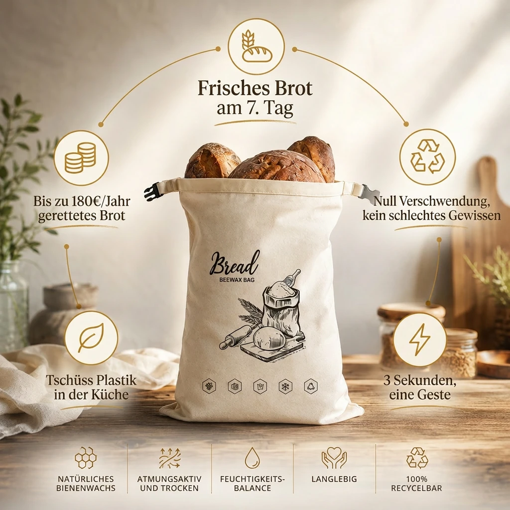 Kein Beutel. Eine Woche Sorglosigkeit. — Frisches Brot am 7. Tag. · Keine Verschwendung, kein schlechtes Gewissen. · 3 Sekunden, ein Handgriff. · Schluss mit Plastik in der Küche. · Bis zu 180€/Jahr gerettetes Brot.