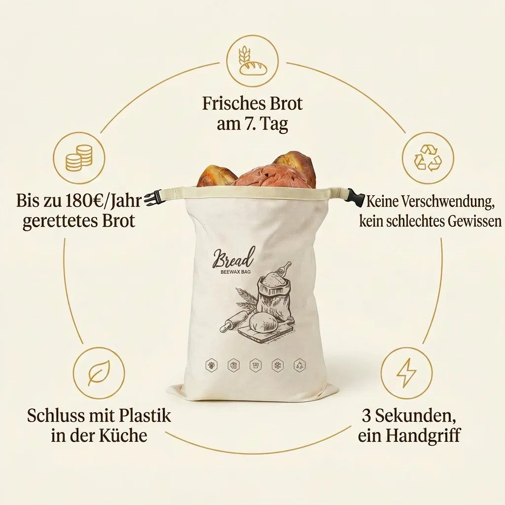 Kein Beutel. Eine Woche Sorglosigkeit. — Frisches Brot am 7. Tag. · Keine Verschwendung, kein schlechtes Gewissen. · 3 Sekunden, ein Handgriff. · Schluss mit Plastik in der Küche. · Bis zu 180€/Jahr gerettetes Brot.