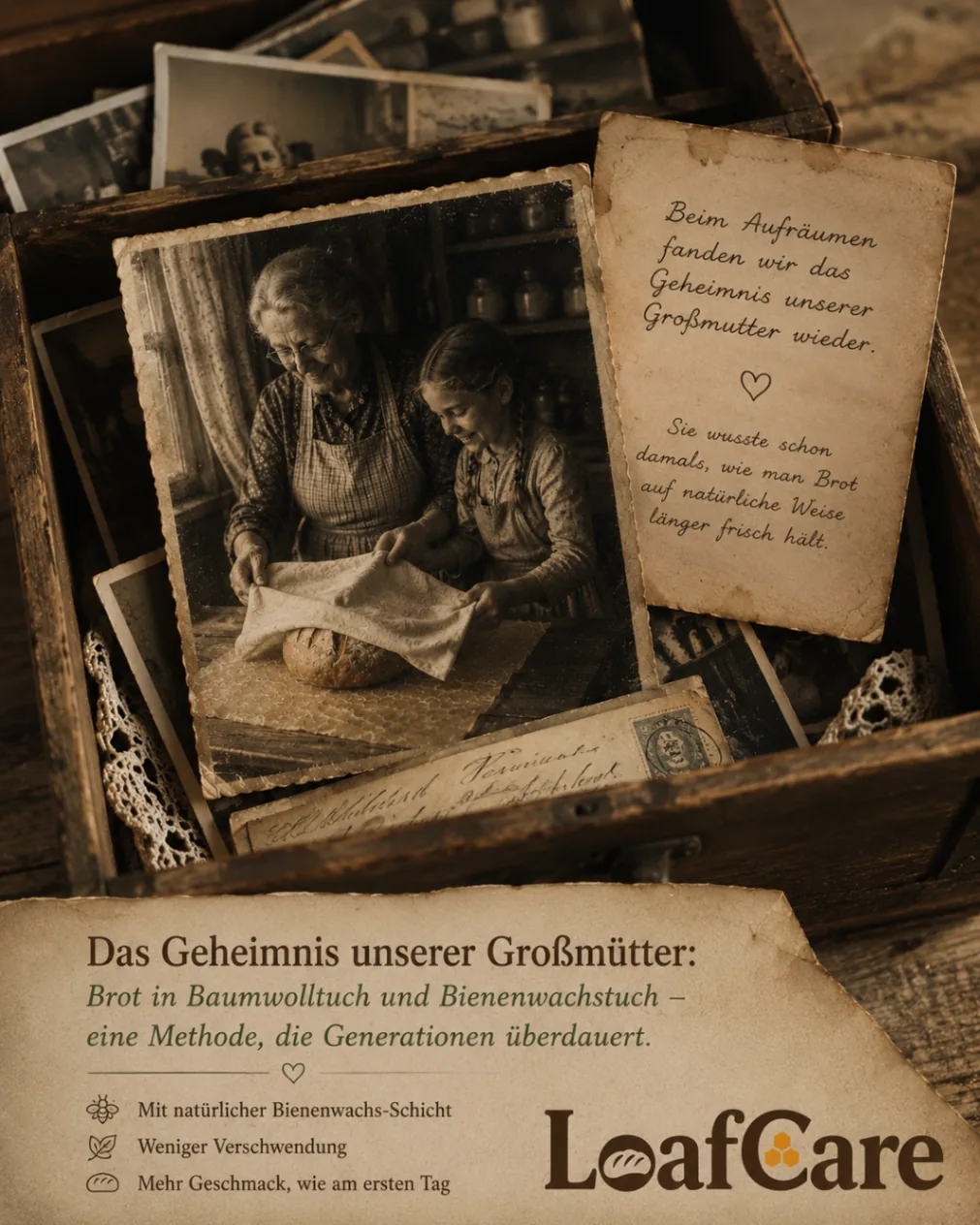 Altes Foto einer Großmutter und eines Kindes, die ein Brot mit einem Tuch schützen