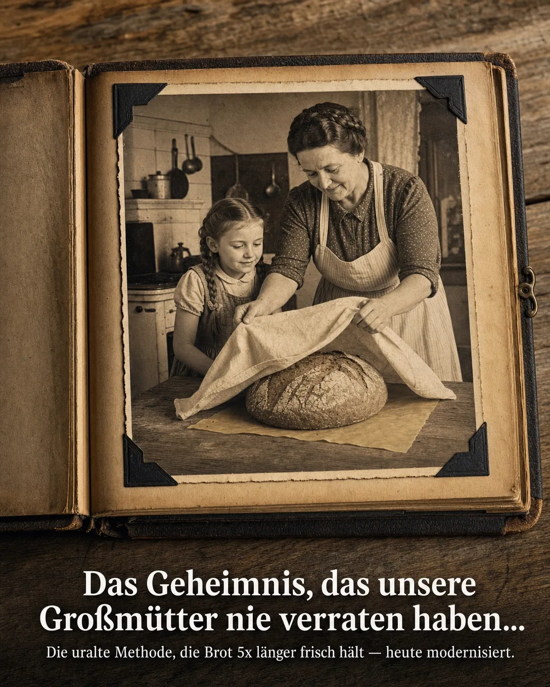 Offenes altes Fotoalbum mit einem Sepia-Bild eines bedeckten Brotlaibs
