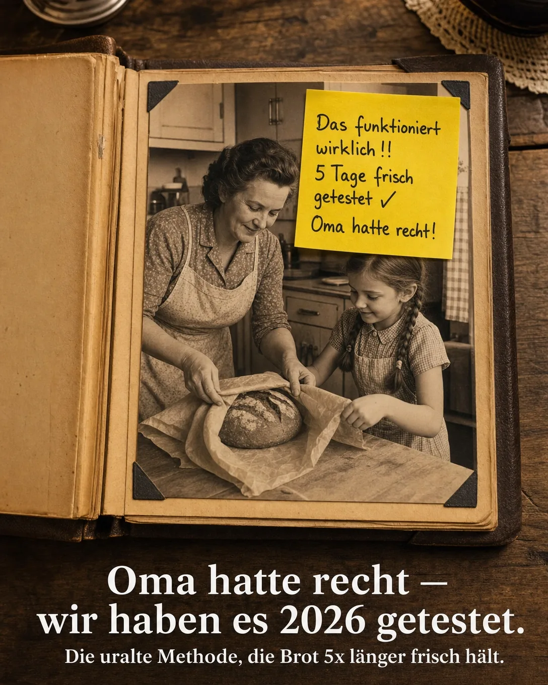 Altes Album mit Sepia-Foto und handschriftlicher Notiz über länger frisches Brot
