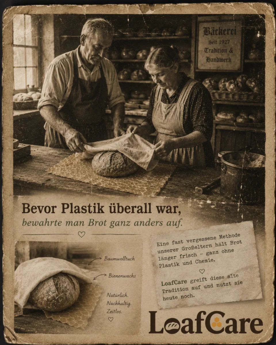 Vintage-Komposition mit Brotlaib, Baumwolltuch und natürlichem Bienenwachs