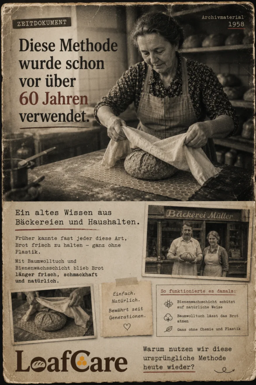 Historisch wirkendes Poster über eine traditionelle Methode zur Brotaufbewahrung