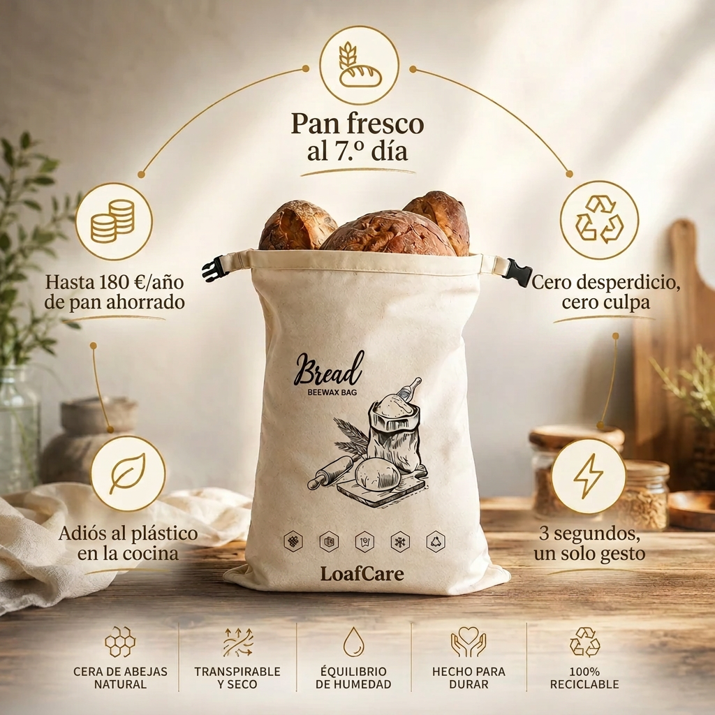 No vuelvas a tirar tu pan. — Tu pan fresco al 7º día. · Cero desperdicio, cero culpa. · 3 segundos, un solo gesto. · Adiós al plástico en la cocina. · Hasta 180€/año de pan salvado.