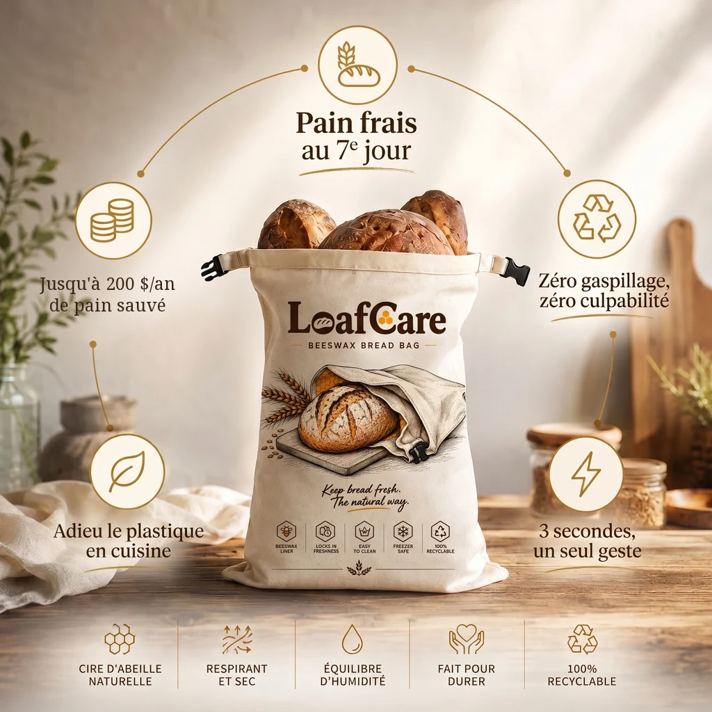 Ne jetez plus jamais votre pain. — Votre pain encore bon 5 à 7 jours. · Plus aucun plastique au contact du pain. · Fini le pain jeté en milieu de semaine. · Le pain que vous sauvez paie le sac. · Un geste simple, trois secondes.