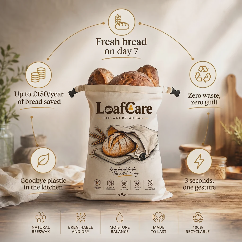 Never throw away your bread again. — Your bread still good for 5 to 7 days. · No more plastic touching your bread. · No more loaves thrown out mid-week. · The bread you save pays for the bag. · One simple gesture, three seconds.