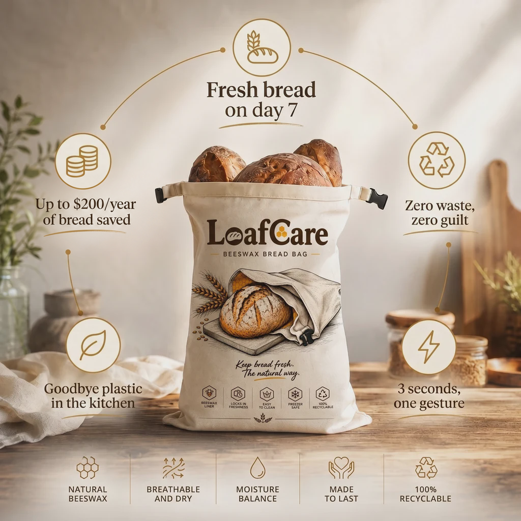 Never throw away your bread again. — Your bread still good for 5 to 7 days. · No more plastic touching your bread. · No more loaves thrown out mid-week. · The bread you save pays for the bag. · One simple gesture, three seconds.