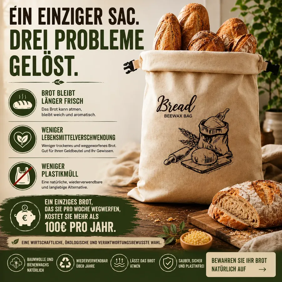 Sauerteigbrot in einem LoafCare-Beutel aus Baumwolle und Bienenwachs