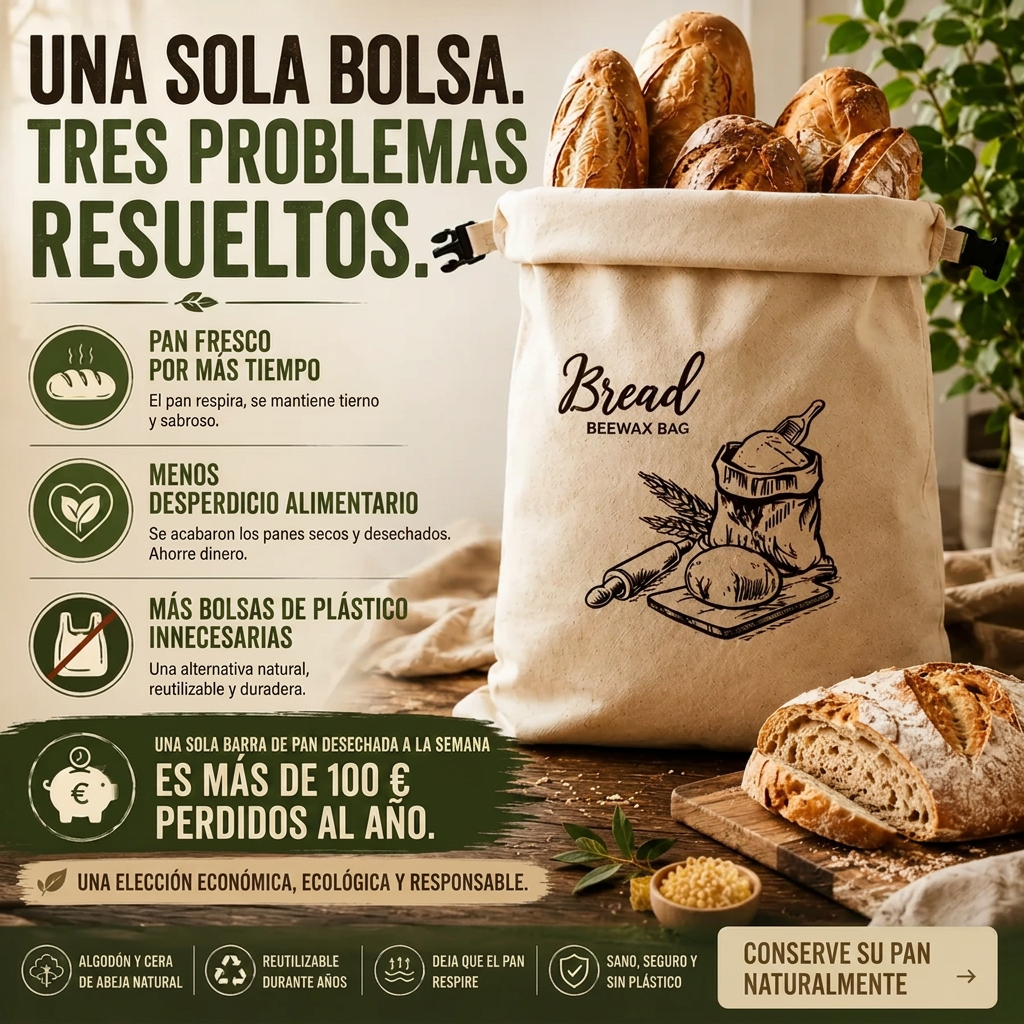 Pan de masa madre en una bolsa LoafCare de algodón y cera de abeja